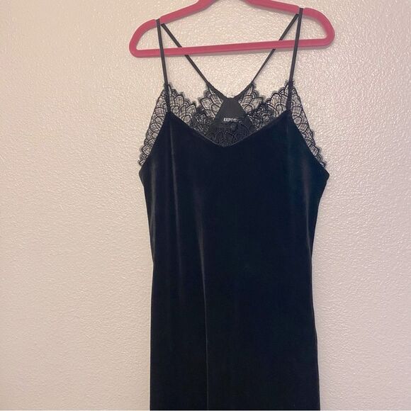 Express stretch Velour velvet black Lace Trim Slip Dress midi maxi side slit XS - Picture 6 of 10